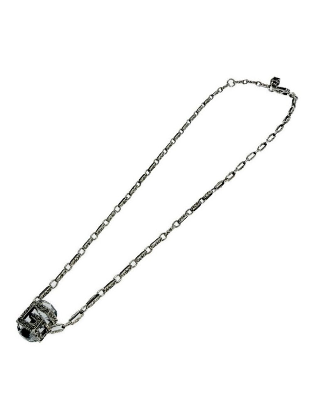 Gucci Silver Crystal Stone G Logo Cube Arabesque Necklace